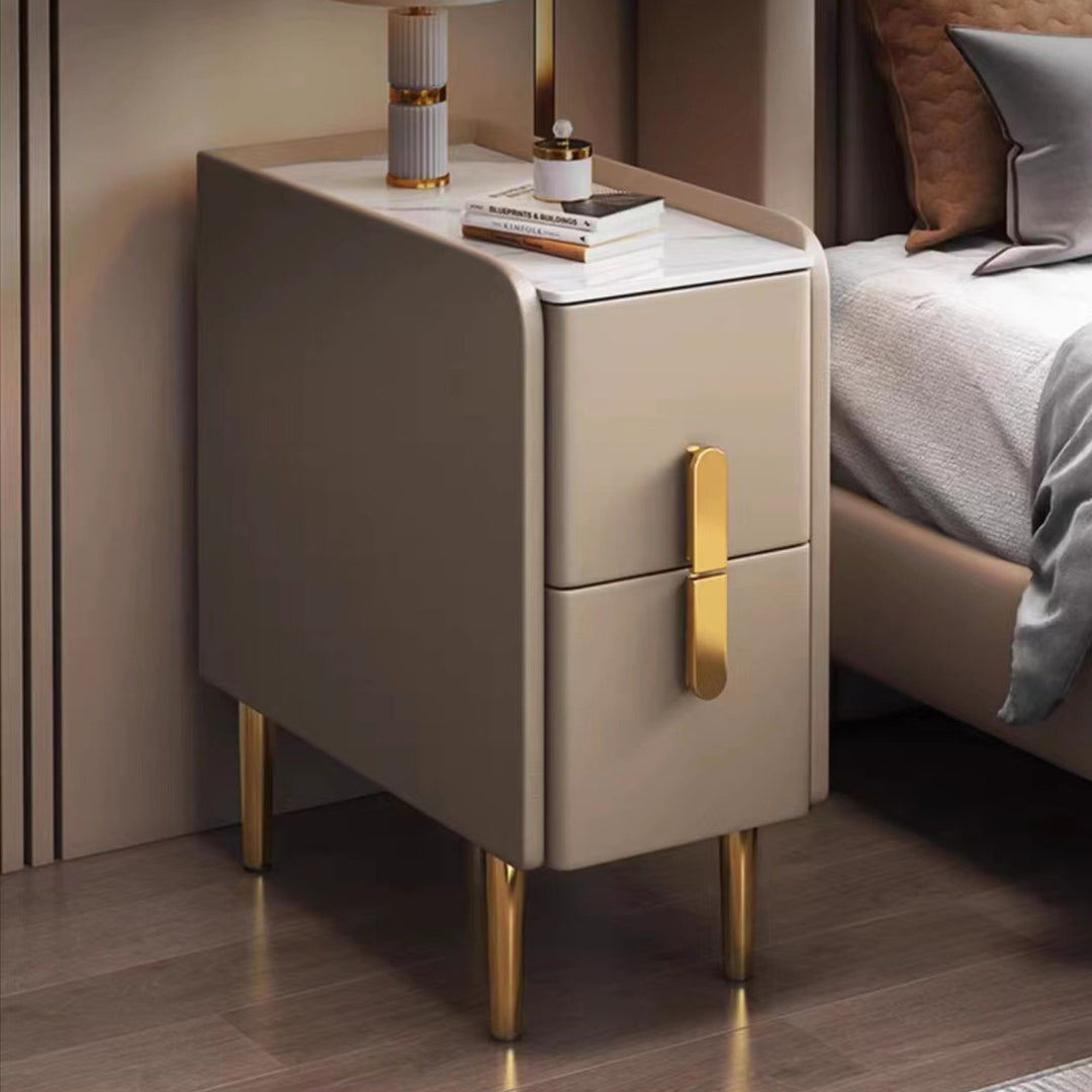 Contemporary Nordic Slab Faux Leather Pine Wood And Carbon Steel Narrow Rectangular Nightstand With 2 Drawers For Bedroom