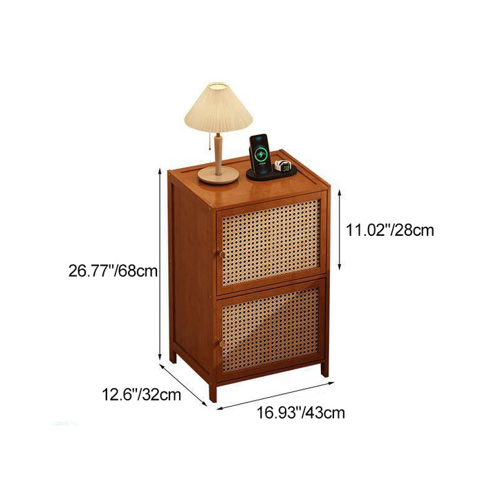 Mesita de noche rectangular contemporánea de estilo retro tejida en tablero de fibra de bambú con 2 armarios de almacenamiento para dormitorio 