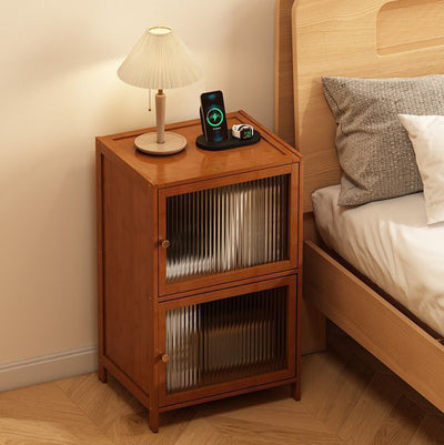 Zeitgenössischer Retro-Nachttisch aus Bambusfaserplatte und Glas mit rechteckiger Form, 2 Aufbewahrungsschränke für das Schlafzimmer 