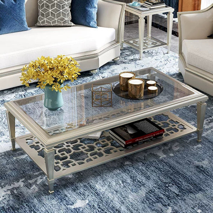 Table basse rectangulaire en verre creux en bois de hêtre nordique contemporain avec 2 niveaux pour salon 