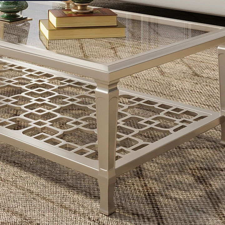 Contemporary Nordic Beech Wood Glass Hollow Square Rectangular Coffee Table With 2 Tiers For Living Room