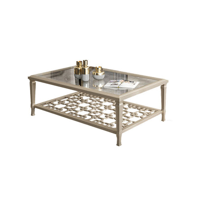 Contemporary Nordic Beech Wood Glass Hollow Square Rectangular Coffee Table With 2 Tiers For Living Room