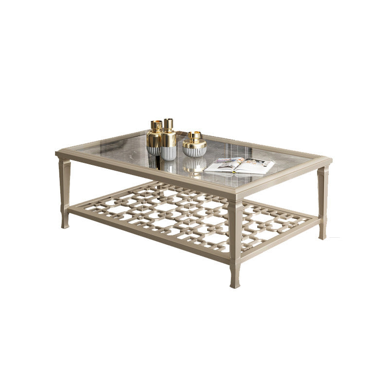 Contemporary Nordic Beech Wood Glass Hollow Square Rectangular Coffee Table With 2 Tiers For Living Room