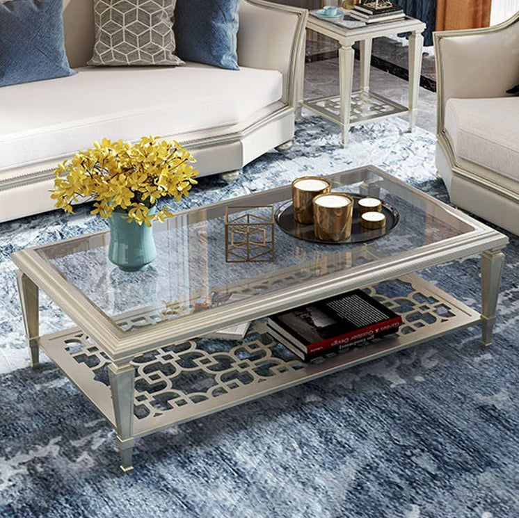 Contemporary Nordic Beech Wood Glass Hollow Square Rectangular Coffee Table With 2 Tiers For Living Room