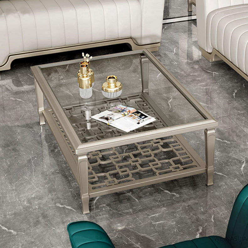 Contemporary Nordic Beech Wood Glass Hollow Square Rectangular Coffee Table With 2 Tiers For Living Room