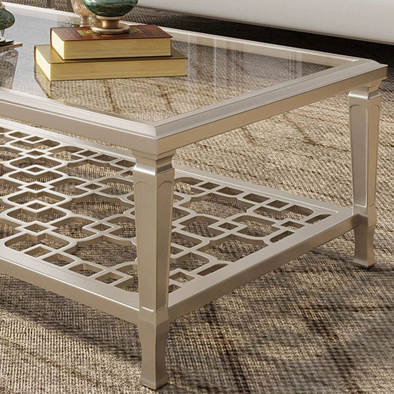 Contemporary Nordic Beech Wood Glass Hollow Square Rectangular Coffee Table With 2 Tiers For Living Room
