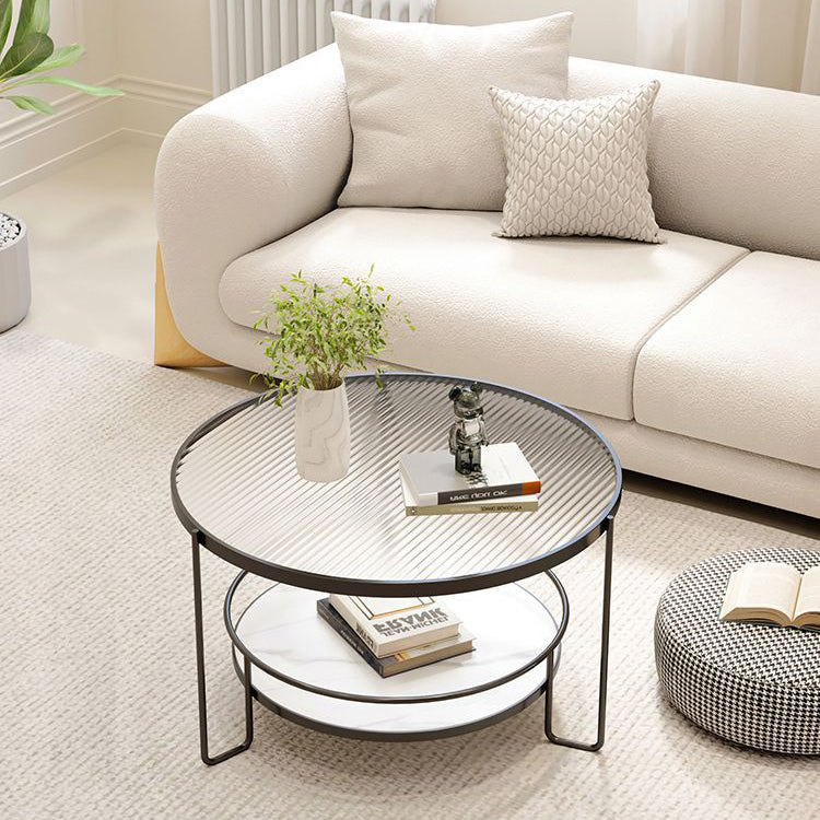 Contemporary Nordic Glass Slab Iron Round Coffee Table With 2 Tiers Storage For Living Room