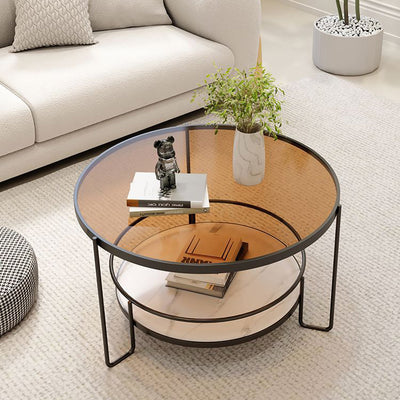 Contemporary Nordic Glass Slab Iron Round Coffee Table With 2 Tiers Storage For Living Room