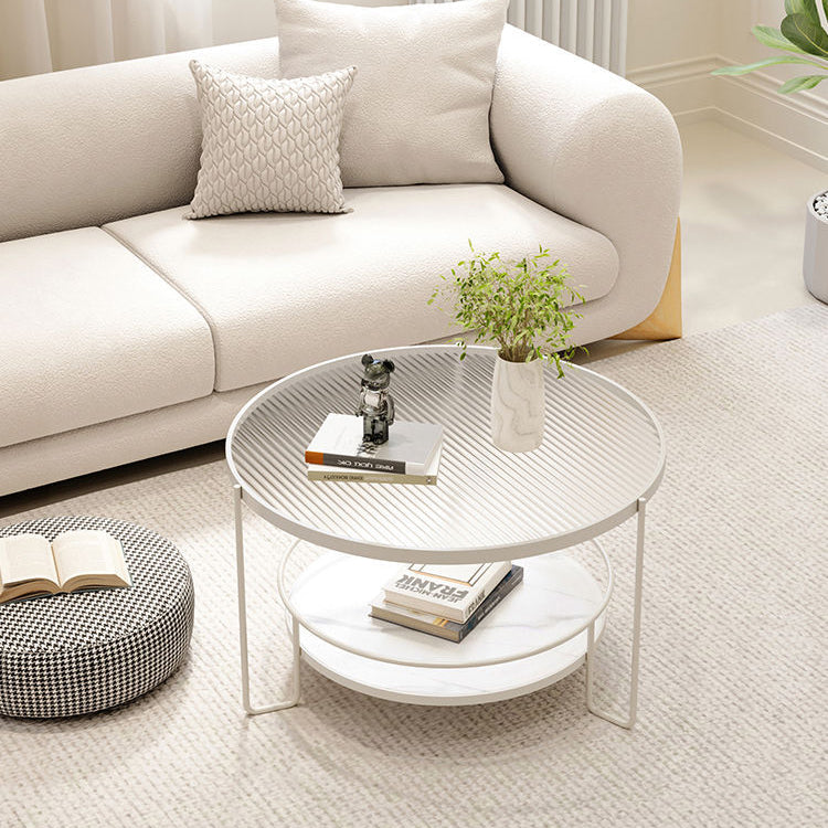 Contemporary Nordic Glass Slab Iron Round Coffee Table With 2 Tiers Storage For Living Room