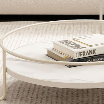 Contemporary Nordic Glass Slab Iron Round Coffee Table With 2 Tiers Storage For Living Room