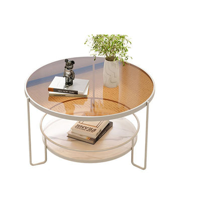 Contemporary Nordic Glass Slab Iron Round Coffee Table With 2 Tiers Storage For Living Room