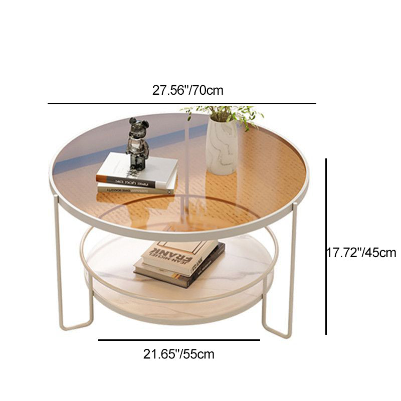Contemporary Nordic Glass Slab Iron Round Coffee Table With 2 Tiers Storage For Living Room