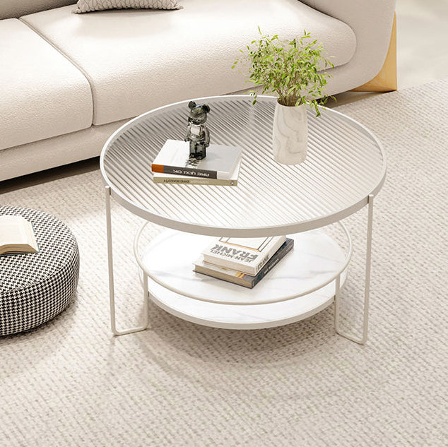 Contemporary Nordic Glass Slab Iron Round Coffee Table With 2 Tiers Storage For Living Room