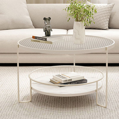 Contemporary Nordic Glass Slab Iron Round Coffee Table With 2 Tiers Storage For Living Room