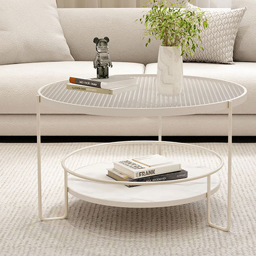 Contemporary Nordic Glass Slab Iron Round Coffee Table With 2 Tiers Storage For Living Room