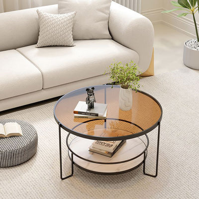 Contemporary Nordic Glass Slab Iron Round Coffee Table With 2 Tiers Storage For Living Room