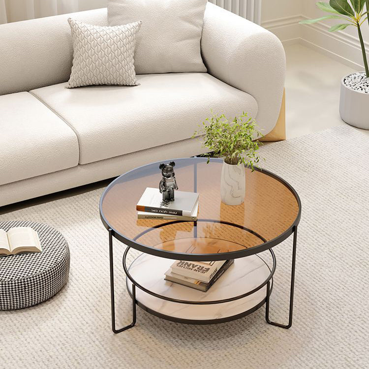 Contemporary Nordic Glass Slab Iron Round Coffee Table With 2 Tiers Storage For Living Room