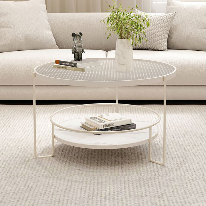 Contemporary Nordic Glass Eco-Friendly Engineered Wood Iron Round Coffee Table With 2 Tiers Storage For Living Room