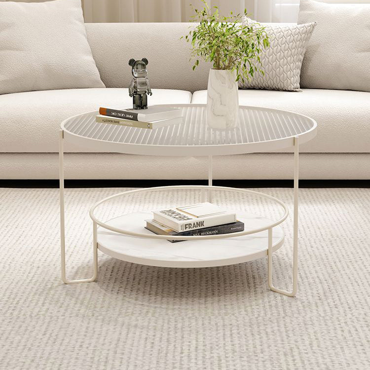 Contemporary Nordic Glass Slab Iron Round Coffee Table With 2 Tiers Storage For Living Room