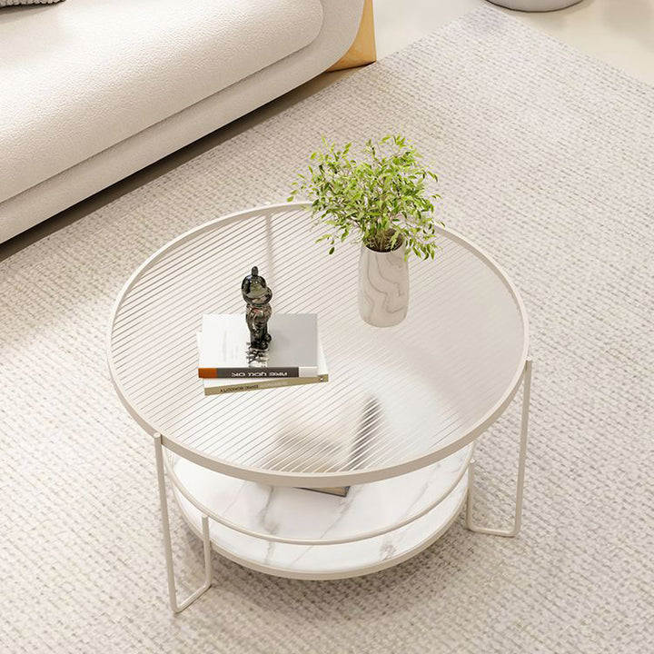 Contemporary Nordic Glass Eco-Friendly Engineered Wood Iron Round Coffee Table With 2 Tiers Storage For Living Room