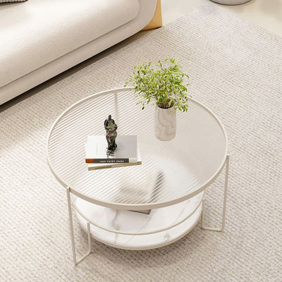 Contemporary Nordic Glass Slab Iron Round Coffee Table With 2 Tiers Storage For Living Room