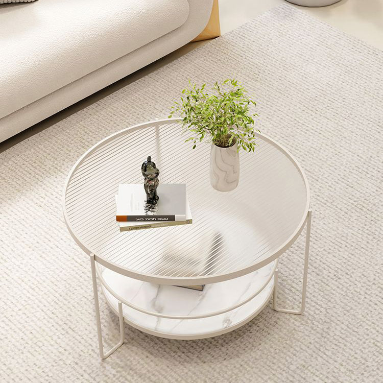 Contemporary Nordic Glass Slab Iron Round Coffee Table With 2 Tiers Storage For Living Room