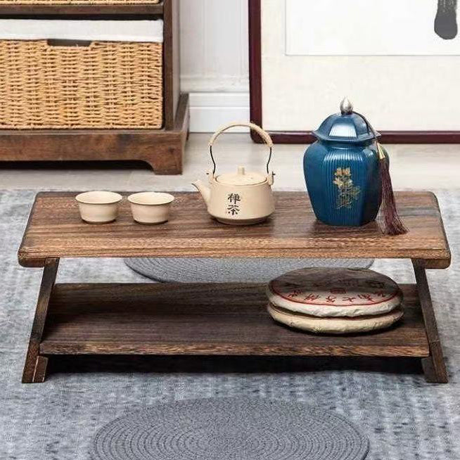 Traditional Chinese Solid Wood Rectangular Low Coffee Table With 2 Tiers For Living Room