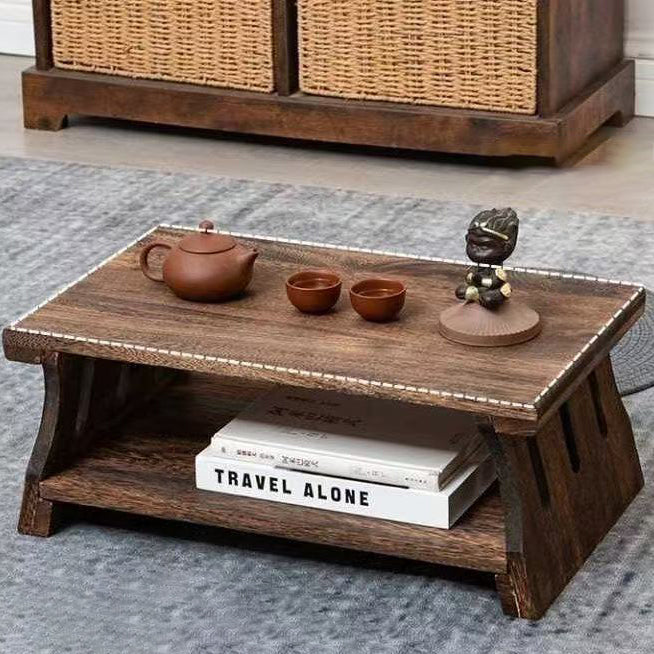 Traditional Chinese Solid Wood Rectangular Low Coffee Table With 2 Tiers For Living Room