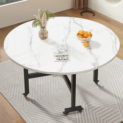 Modern Minimalist Plate & Carbon Steel Foldable Movable Round Dining Table For 3/5/6/8/10 Seats