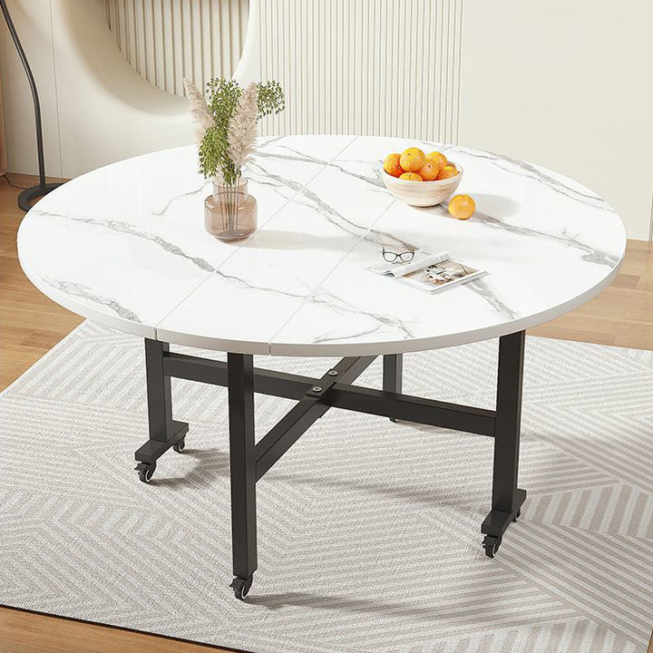 Mesa de comedor redonda plegable y móvil de tablero de partículas y acero al carbono de estilo minimalista moderno para 3/5/6/8/10 plazas 