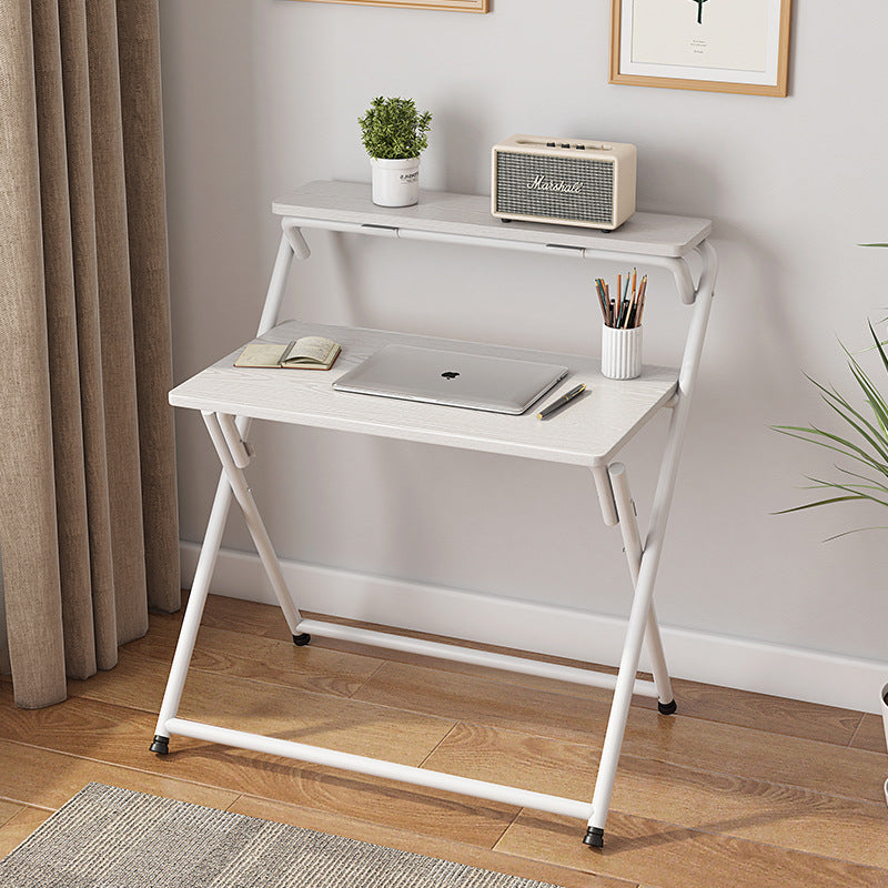 Modern Minimalist Panel & Carbon Steel Rectangular Foldable Desk With 2 Tiers For Home Office And Study