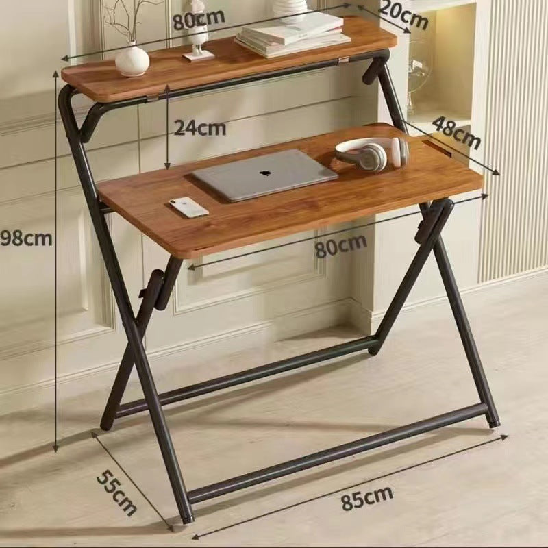 Modern Minimalist Panel & Carbon Steel Rectangular Foldable Desk With 2 Tiers For Home Office And Study