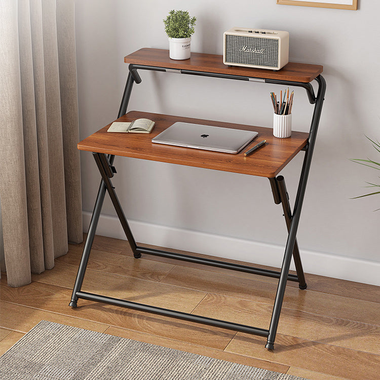 Modern Minimalist Panel & Carbon Steel Rectangular Foldable Desk With 2 Tiers For Home Office And Study