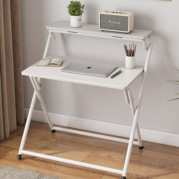 Modern Minimalist Panel & Carbon Steel Rectangular Foldable Desk With 2 Tiers For Home Office And Study