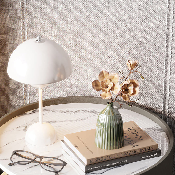 Mesita de noche redonda moderna minimalista de cuero sintético terciopelo con losa de roca y madera contrachapada sólida con 2 cajones para uso junto a la cama 