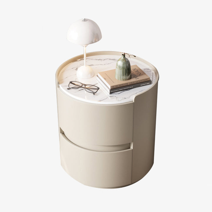 Mesita de noche redonda moderna minimalista de cuero sintético terciopelo con losa de roca y madera contrachapada sólida con 2 cajones para uso junto a la cama 