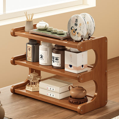 Traditional Chinese MDF & Bamboo Rectangular E-Shaped Bookshelf Storage Shelf With 2/3/4 Tiers For Living Room & Bedroom