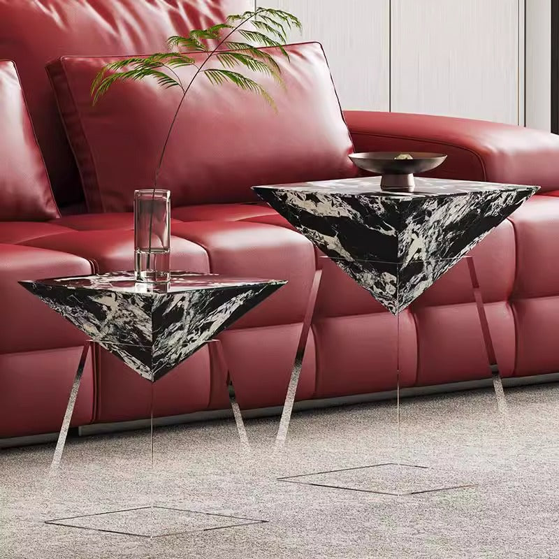 Modern Luxury Stone Slab &amp; Acrylic Cone End Table 1-Tray For Living Room