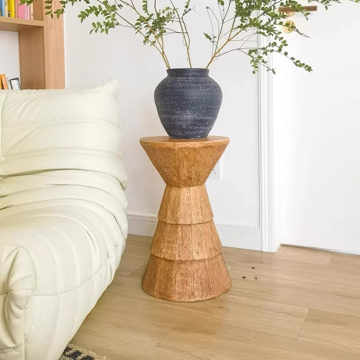 Traditional Farmhouse Magnesium Oxide Round Stump Side Table With Wood Grain Texture For Living Room And Bedroom