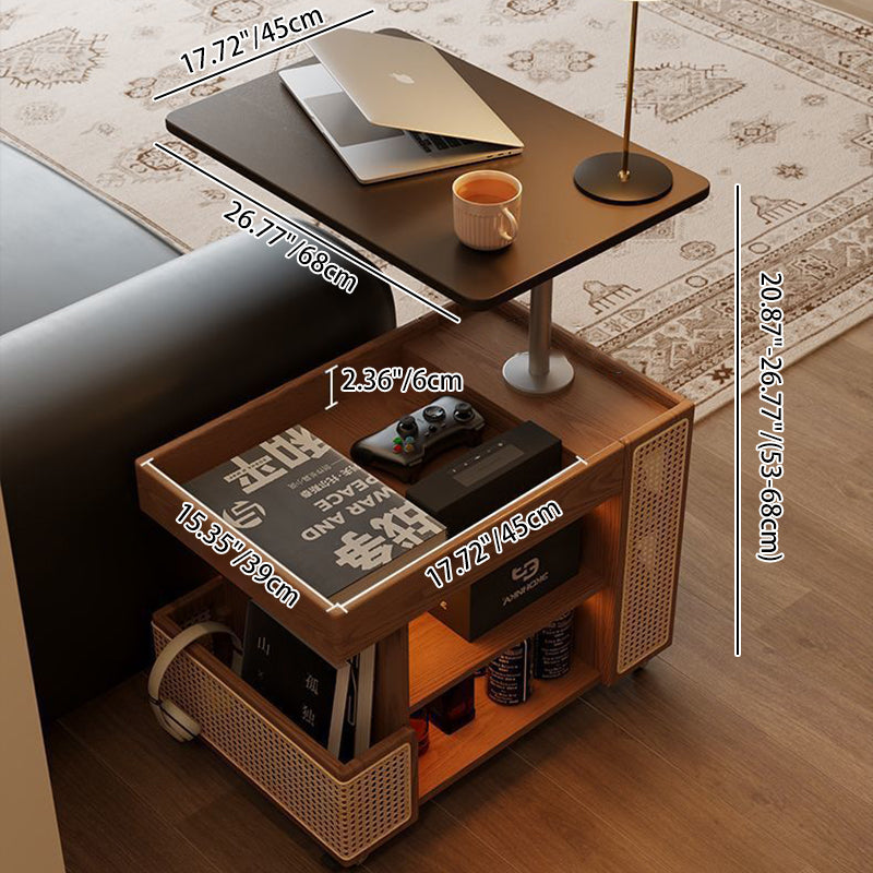 Mesa auxiliar rectangular contemporánea de madera maciza, ratán, vidrio y metal en forma de autobús con 5 gabinetes de almacenamiento y diseño de tapa elevable para sala de estar y dormitorio 