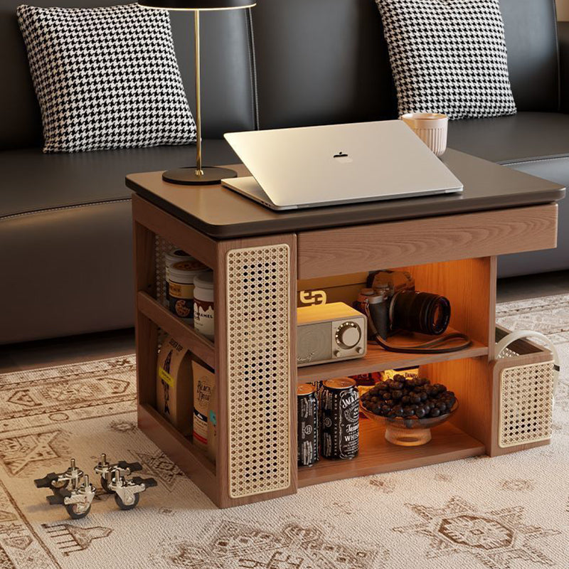 Mesa auxiliar rectangular contemporánea de madera maciza, ratán, vidrio y metal en forma de autobús con 5 gabinetes de almacenamiento y diseño de tapa elevable para sala de estar y dormitorio 