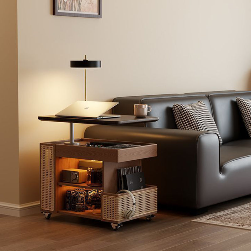 Mesa auxiliar rectangular contemporánea de madera maciza, ratán, vidrio y metal en forma de autobús con 5 gabinetes de almacenamiento y diseño de tapa elevable para sala de estar y dormitorio 