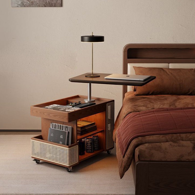 Mesa auxiliar rectangular contemporánea de madera maciza, ratán, vidrio y metal en forma de autobús con 5 gabinetes de almacenamiento y diseño de tapa elevable para sala de estar y dormitorio 