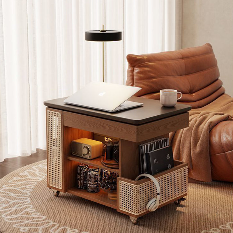 Mesa auxiliar rectangular contemporánea de madera maciza, ratán, vidrio y metal en forma de autobús con 5 gabinetes de almacenamiento y diseño de tapa elevable para sala de estar y dormitorio 