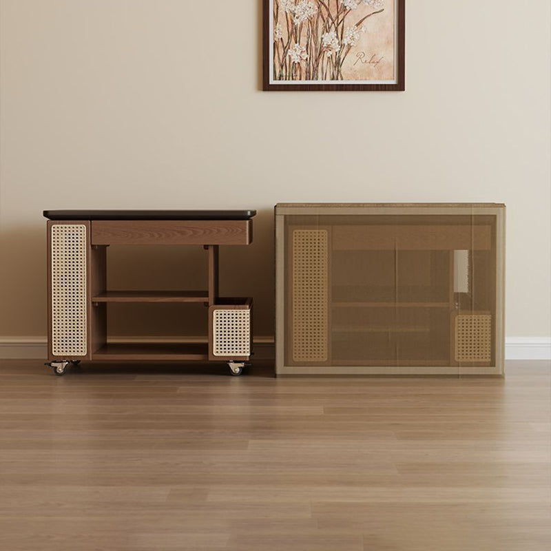 Contemporary Retro Eco-Friendly Engineered Wood PE Rattan Glass Bus-Shaped Rectangular Side Table With 5 Storage Cabinets And Lift-Top Design For Living Room And Bedroom