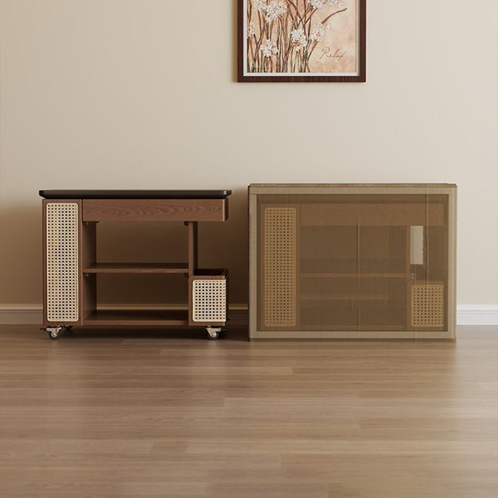 Contemporary Retro Eco-Friendly Engineered Wood PE Rattan Glass Bus-Shaped Rectangular Side Table With 5 Storage Cabinets And Lift-Top Design For Living Room And Bedroom