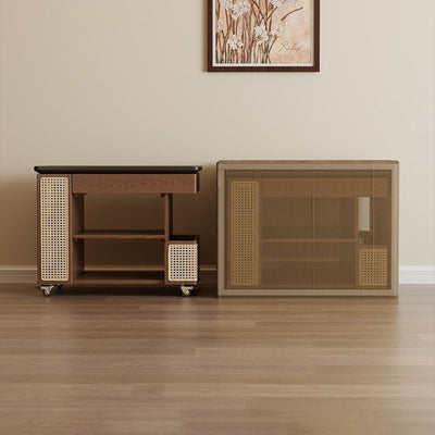 Mesa auxiliar rectangular contemporánea de madera maciza, ratán, vidrio y metal en forma de autobús con 5 gabinetes de almacenamiento y diseño de tapa elevable para sala de estar y dormitorio 