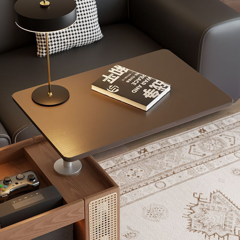 Mesa auxiliar rectangular contemporánea de madera maciza, ratán, vidrio y metal en forma de autobús con 5 gabinetes de almacenamiento y diseño de tapa elevable para sala de estar y dormitorio 