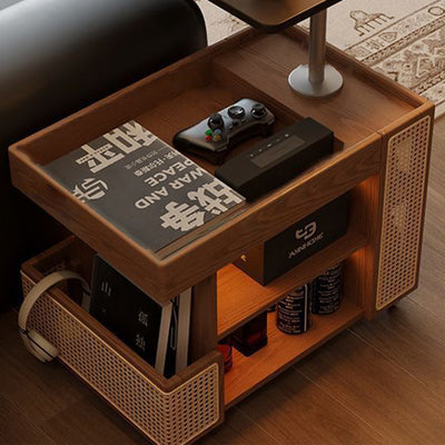 Mesa auxiliar rectangular contemporánea de madera maciza, ratán, vidrio y metal en forma de autobús con 5 gabinetes de almacenamiento y diseño de tapa elevable para sala de estar y dormitorio 