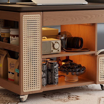 Mesa auxiliar rectangular contemporánea de madera maciza, ratán, vidrio y metal en forma de autobús con 5 gabinetes de almacenamiento y diseño de tapa elevable para sala de estar y dormitorio 